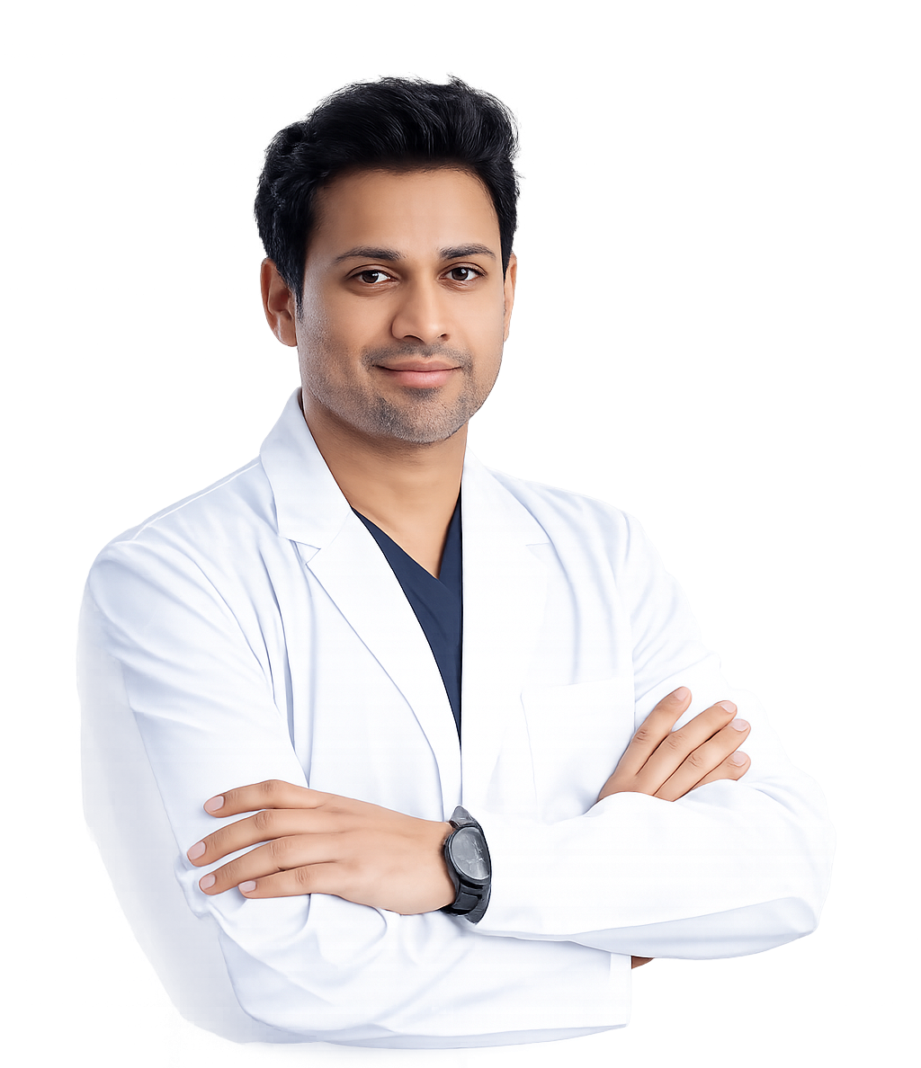 Dr. Ashwin Giridhar, Urology Specialist and General Physician at Surecare Clinic Yelahanka Bengaluru, in white coat with arms crossed